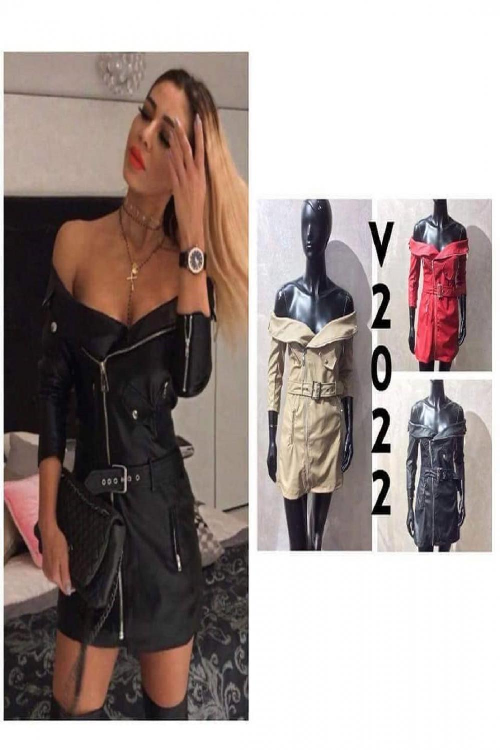 Leather dress with a 3/4 sleeve and a spectacular collar in black